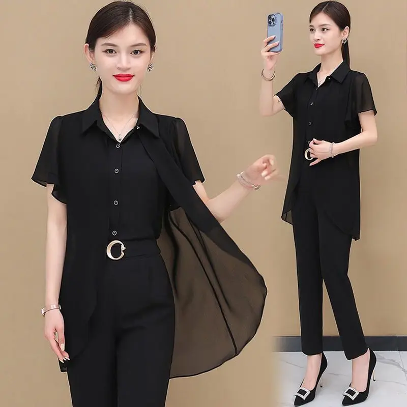 Short sleeved fashion suit ladies chiffon shirt 2023 summer new loose top casual sports single/suit