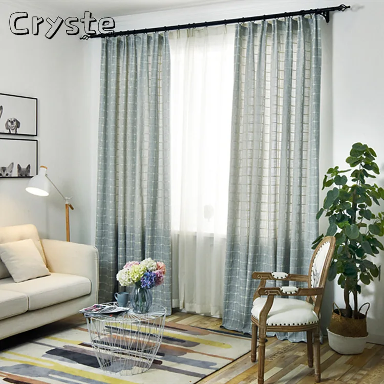 

Nordic Simple Lattice Curtain Semi-shading Embroidered Cotton and Linen Japanese Curtains for Living Dining Room Bedroom