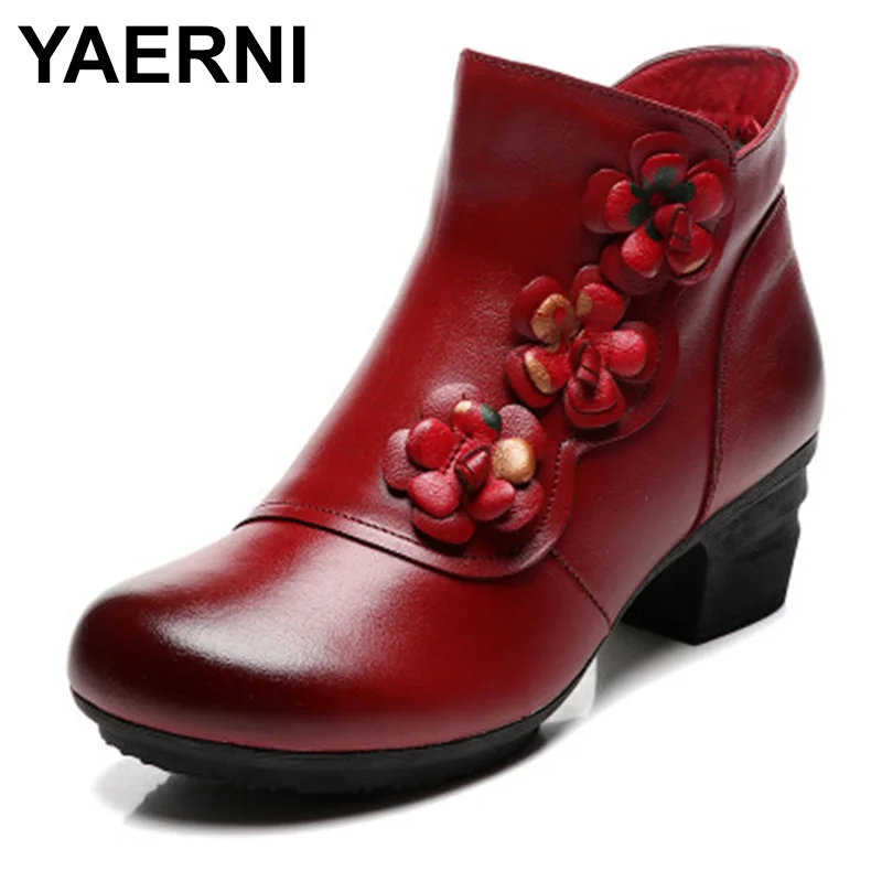 

Женские ботильоны из натуральной воловьей кожи YAERNI, удобные ботинки на среднем каблуке с цветами, модная обувь для осени и зимы