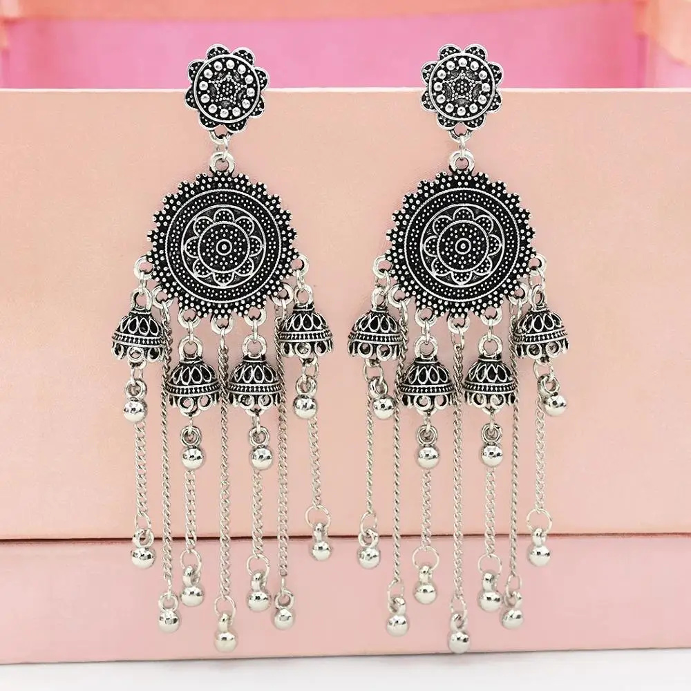 Индийские женские серьги Jhumka в стиле бохо, винтажные Серебристые Металлические длинные серьги с кисточками, большие серьги, свадебные афганские цыганские серьги