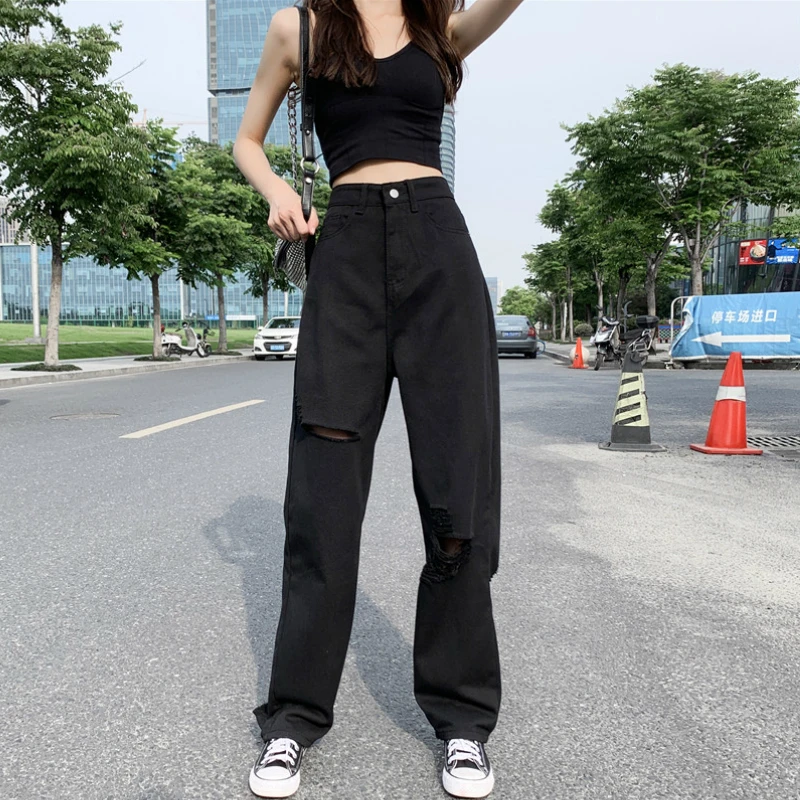 Women Wide Leg Hip-hop Mopping Vintage Summer High Street Jeans Holes Black Chic Oversized S-5XL Oversize Harajuku Casual Pants