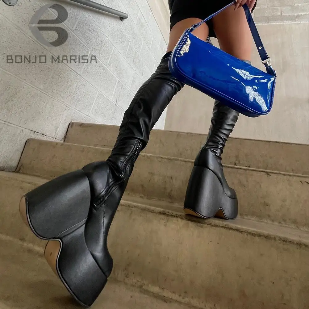 BONJOMARISA New Brand Punk Platform Goth High Wedges Long Thigh High Boots Women Stretch Cool Over The Knee women's Boots