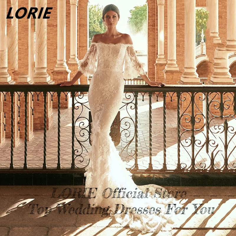 

LORIE Vintage Lace Off Shoulder Mermaid Wedding Dresses Strapless Flare Sleeves Elegant Bodycon Boho Bridal Gowns Custom Size