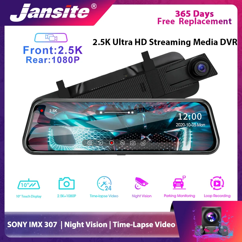 

Jansite 10" 2.5K Car DVR Touch Screen Streaming Media Recorder Dual Lens Rear view Mirror Dash Cam Front and Rear Camera Display