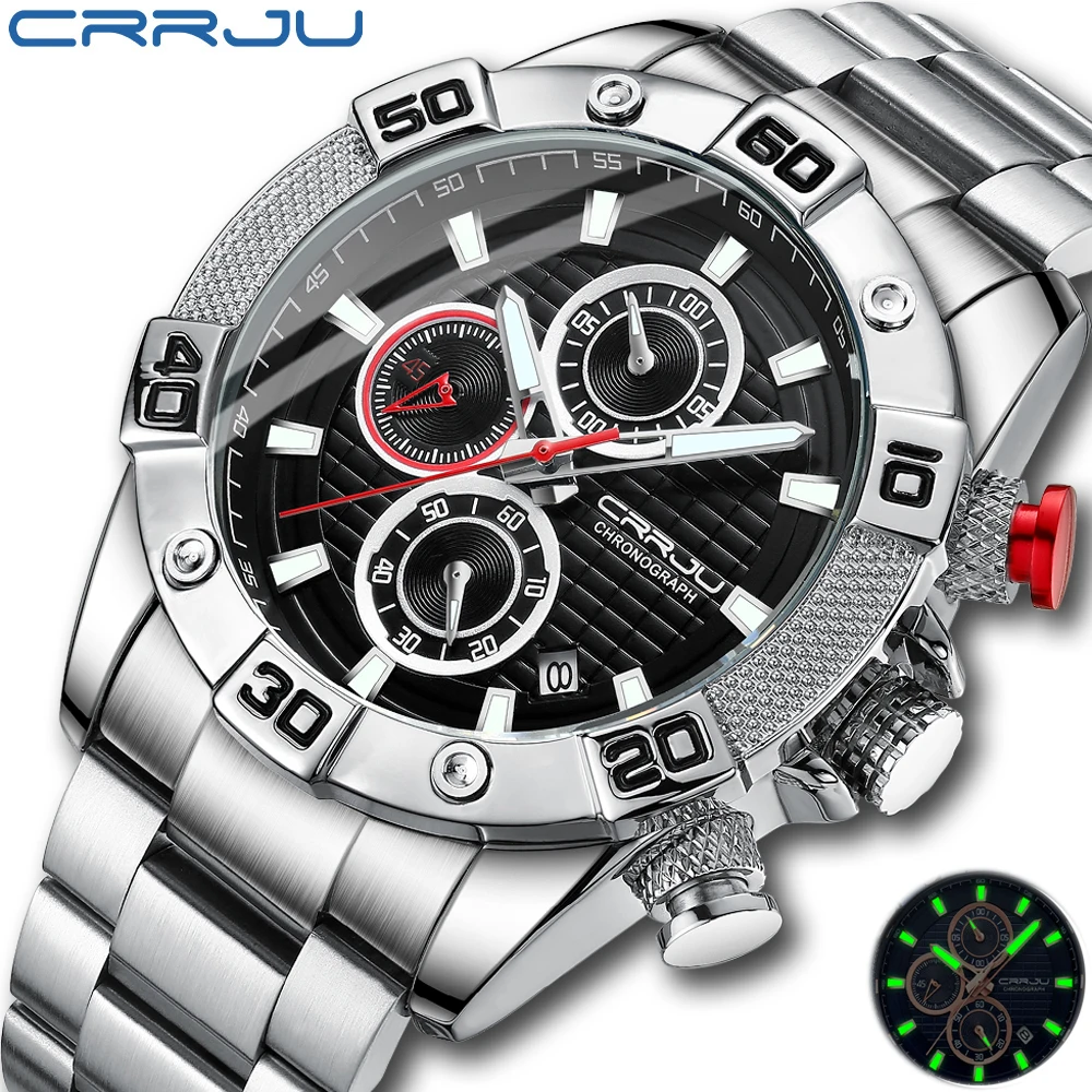 

CRRJU Men Watches New Casual Sport Chronograph Stainless Steel Band Big Dial Quartz with Luminous Pointers Relogio Masculino