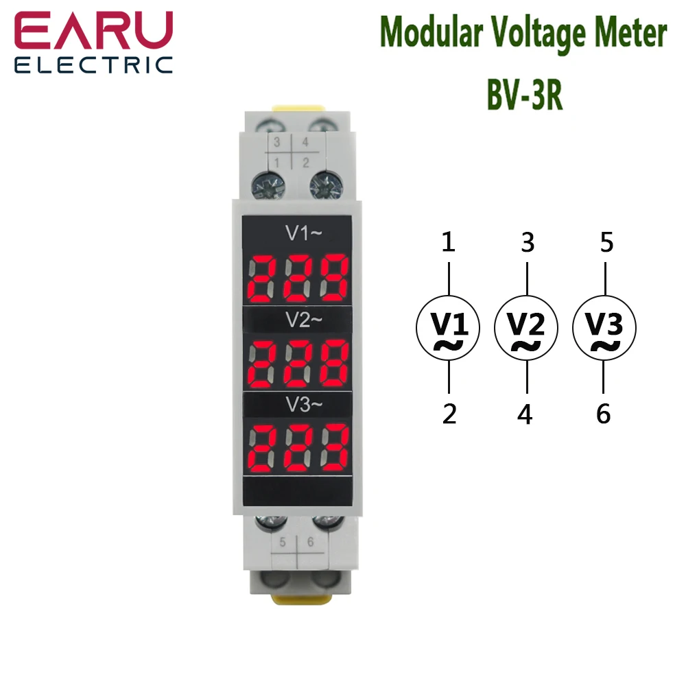 

Din Rail Mount Three Phase Ac 80-500V Mini Modular Volt Voltage Meter Voltmeter Gauge Indicator BV-3R LED Digital Display Detect