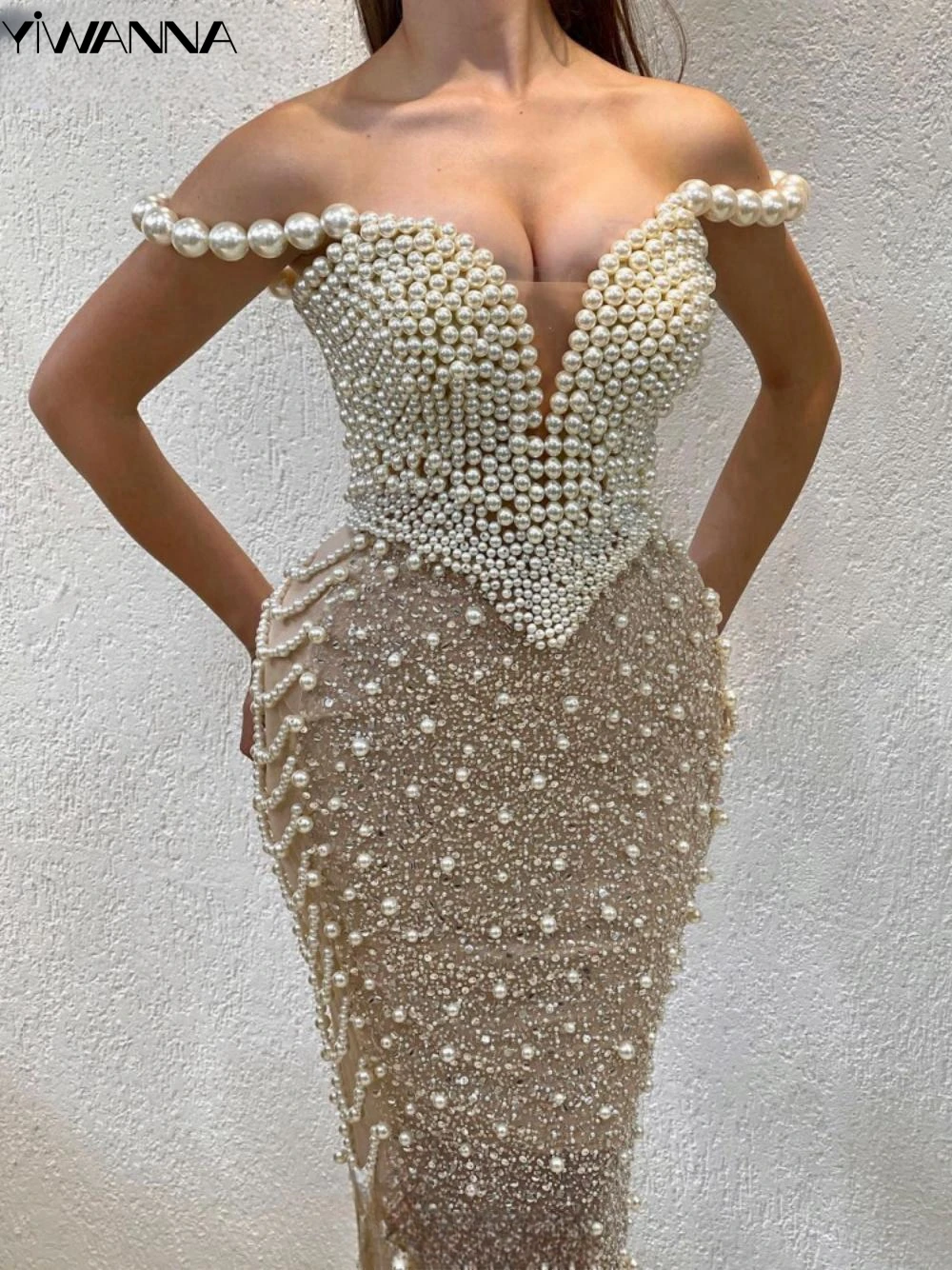 

Elegant Off The Shoulder Wedding Dress Sparkly Pearls Sequins Bride Robe Classic Straight Long Bridal Gown Robe De Mariée