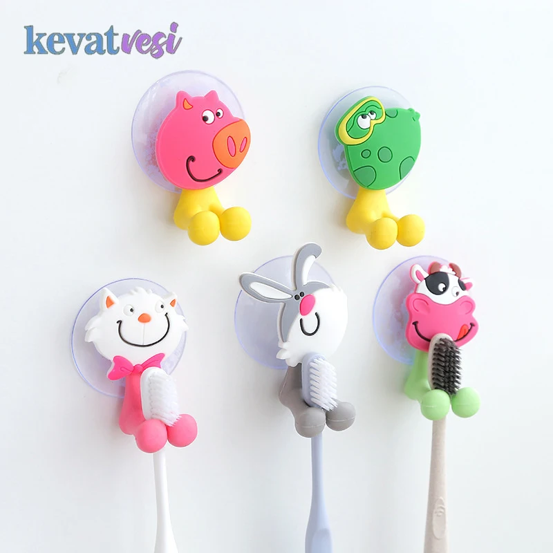 

Cartoon Animal Toothbrush Holder Wall Mounted Toothbrush Holder With Suction Cup Bunny Cow Cat Frog Pig Tooth Brush Storage Rack