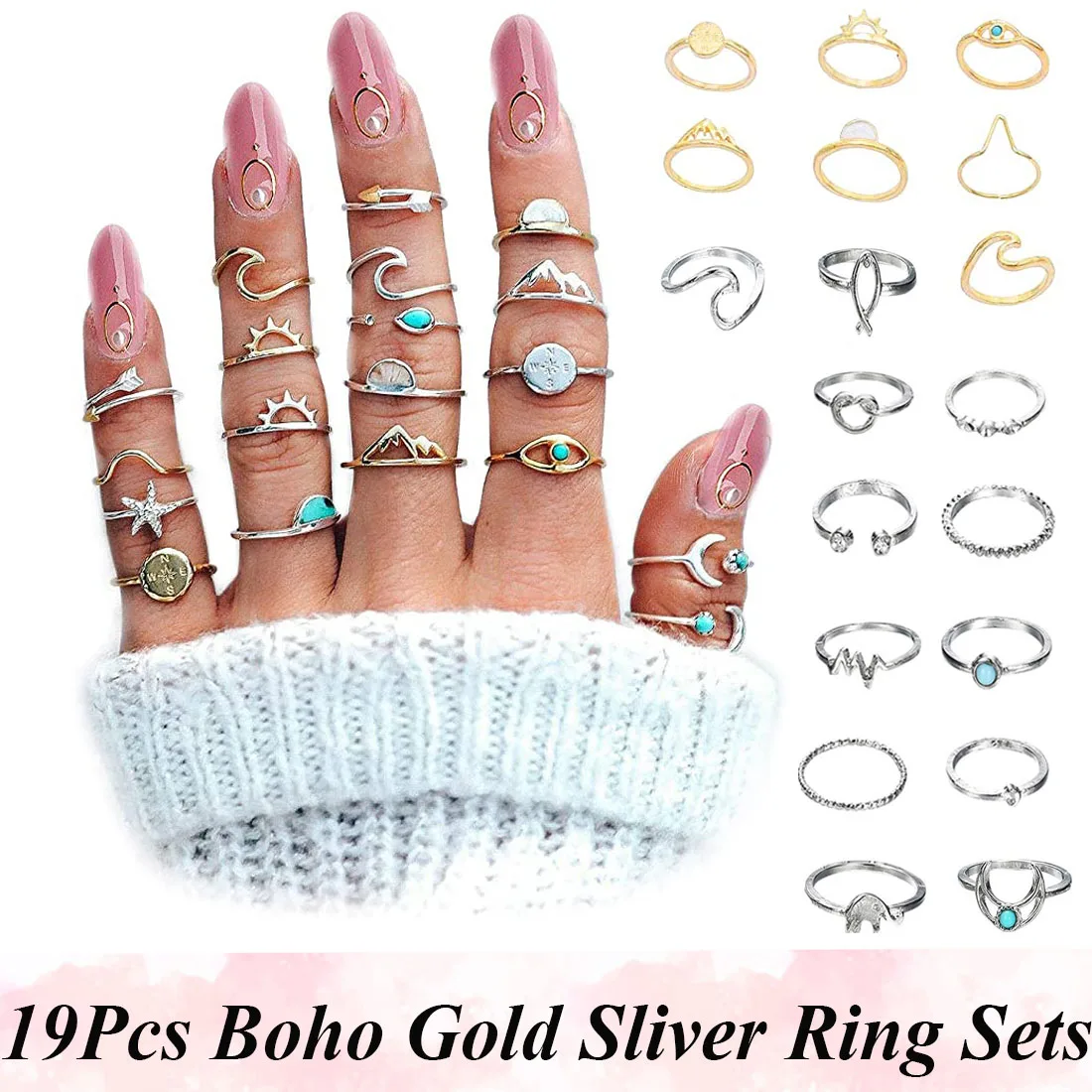 

19Pcs Boho Retro Stackable Gold Rings Sets for Teens Girls Women Vintage Rhinestone Knuckle Joint Finger Nail Sliver Ring Packs