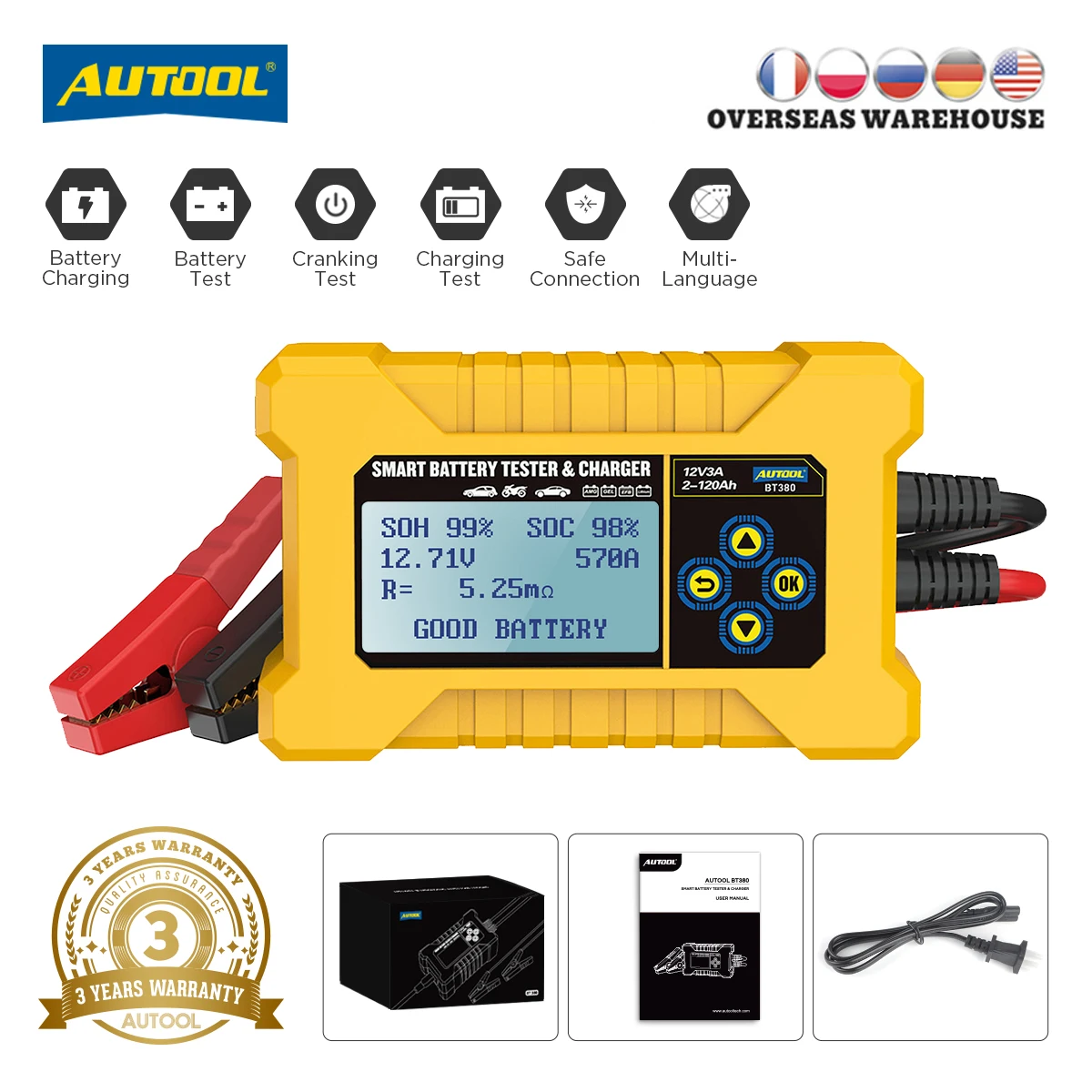 AUTOOL BT380 12 В тестер Автомобильных Аккумуляторов Инструмент для зарядки автомобильных аккумуляторов тестер автомобильных аккумуляторов анализатор Банк мощности транспортного средства CCA2400