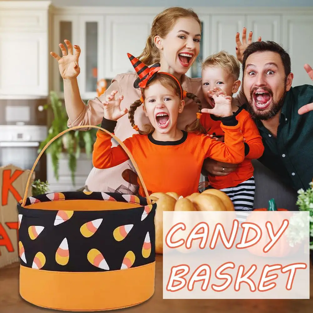 Сумка Для Конфет На Хэллоуин Оранжево-черная В Форме Ведра С Верхней Ручкой И