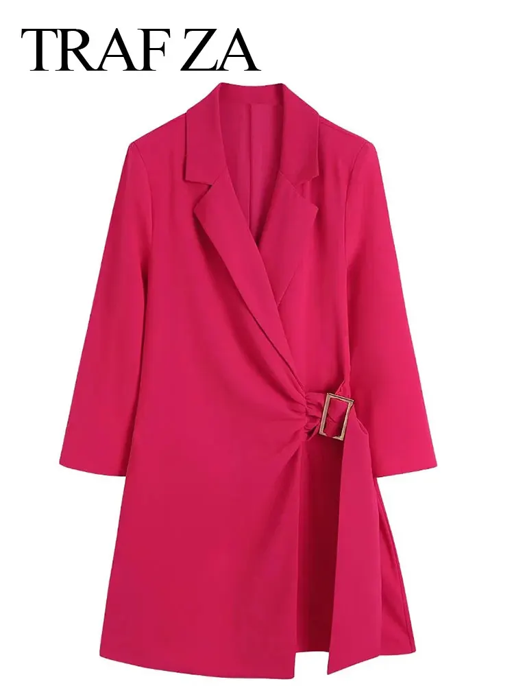 

TRAF ZA Fashion Urban Office Commuter Daily Belt Waisted Women Dress Premium Solid Color Formal Suit Collar Short Lady Dress