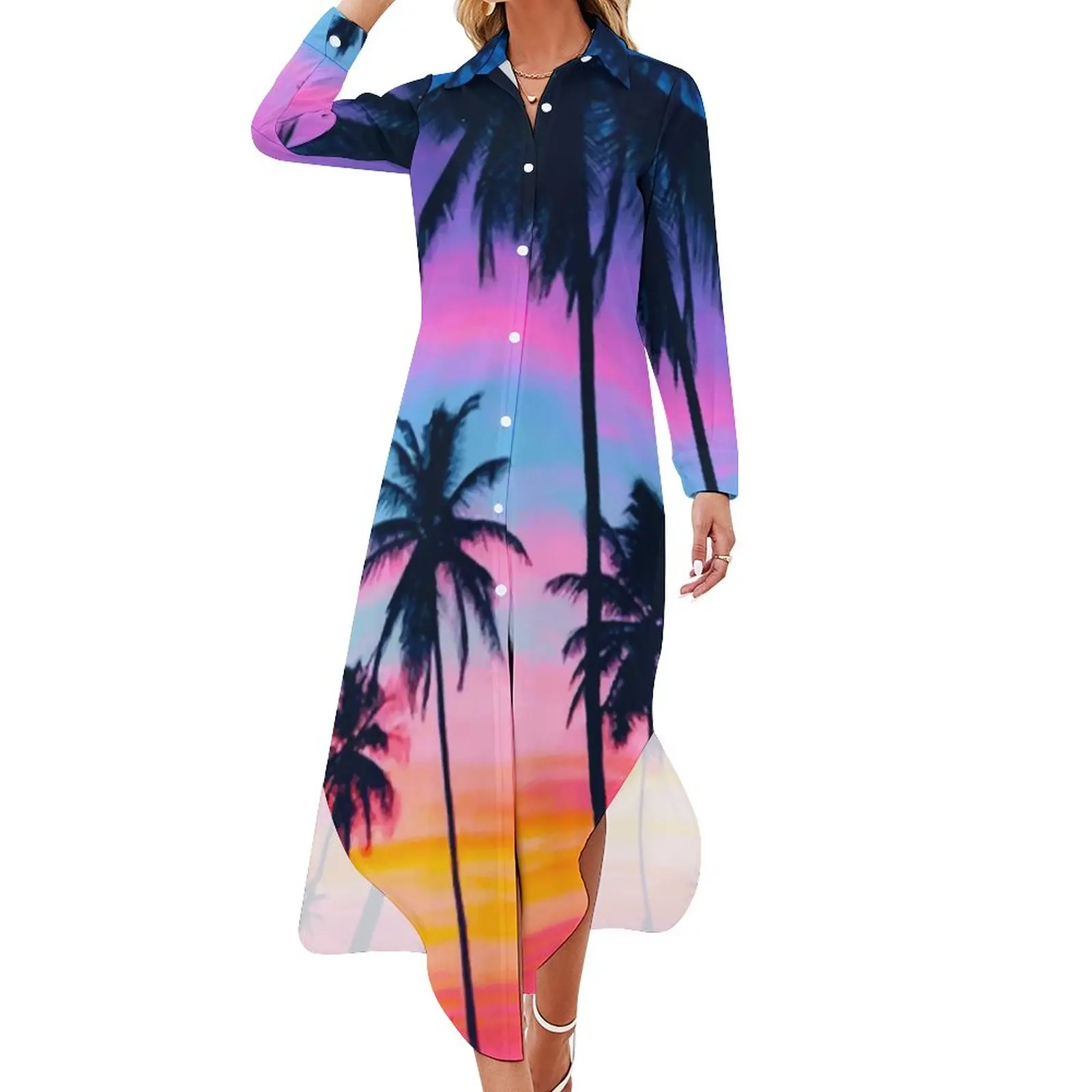 

Miami Sunset Chiffon Dress Palm Trees Print Elegant Dresses Street Wear Casual Dress Ladies Sexy Custom Clothing 3XL 4XL 5XL