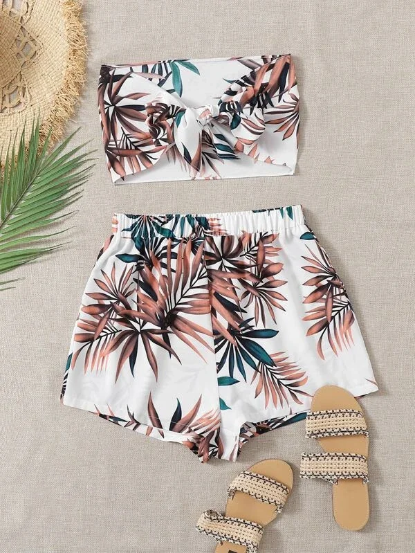 

Tropical Print Tie Front Tube Top Shorts Set Women Two-Piece Outfits Casual Boho Style Strapless Set For Vacation 2022 New