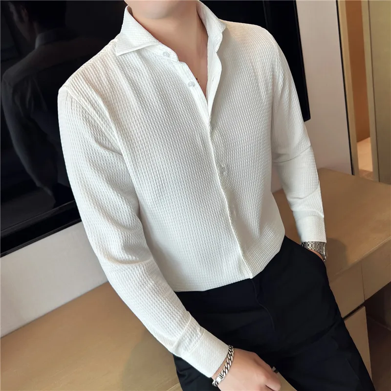 2022 Autumn One Word Collar Shirts Men Long Sleeve Casual Slim Shirt Solid Color Business Dress Shirts Streetwear Tuxedo Blouse