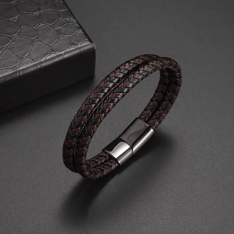 

High Quality Handwoven Double Layer Leather Bracelet with Magnetic Buckle Bracelet Men Charm Party Wearing Jewelry