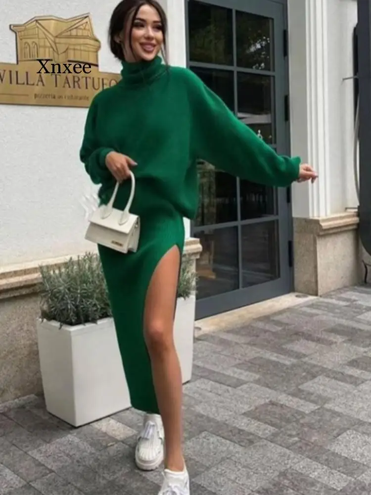 

Вязаный свитер с высоким воротником, Классический женский осенне-зимний пуловер с длинным рукавом, сексуальный боковой костюм, костюм из двух предметов