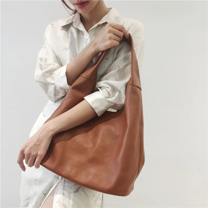 Soft Genuine Leather Tote for Women Shoulder Handbaga and Purses Large Shopper Retro Hand Bag Causal Bucket Bag Black 2021 New
