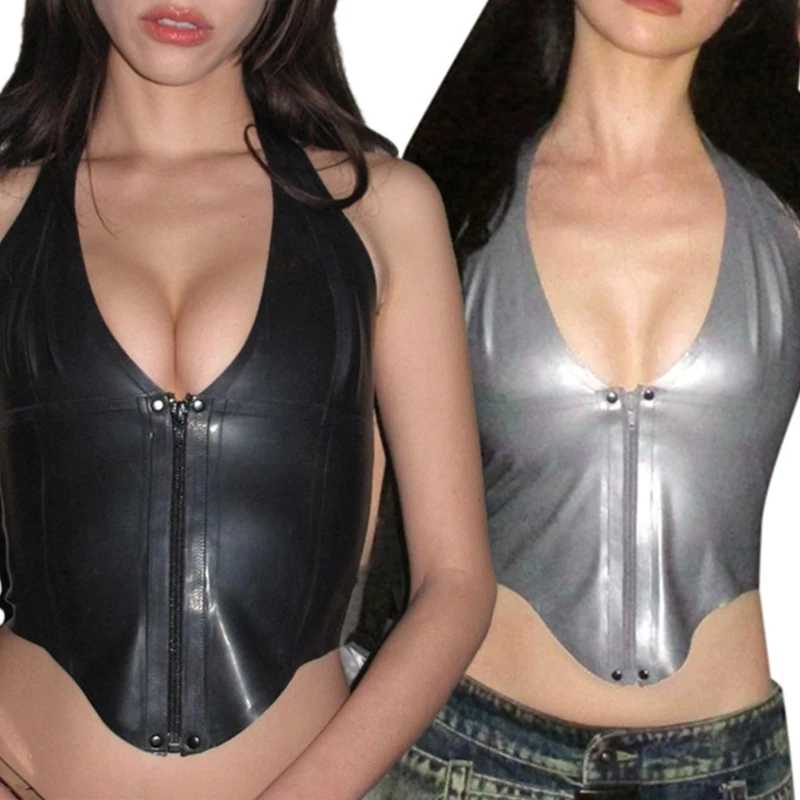 

Y2K топы на бретелях, облегающий Топ, однотонный пикантный жилет на молнии с открытой спиной без рукавов, майка в стиле эмблемы, жилет с лямкой через шею для клуба