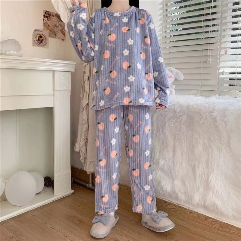 Cute Sweet Autumn Winter Warm Pajama Set Women Chic Coral Fleece Peach Print Soft Homewear Female Sleepwear Pyjamas 2 Piece Sets