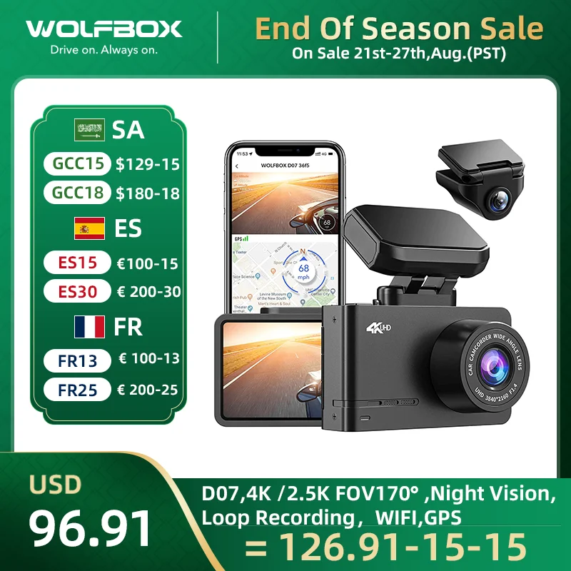 Видеорегистратор WOLFBOX 4K/2,5 K + 1080P, передний и задний, Wi-Fi, Gps, D07, двойной видеорегистратор, угол обзора 170 °, камера для парковки автомобиля