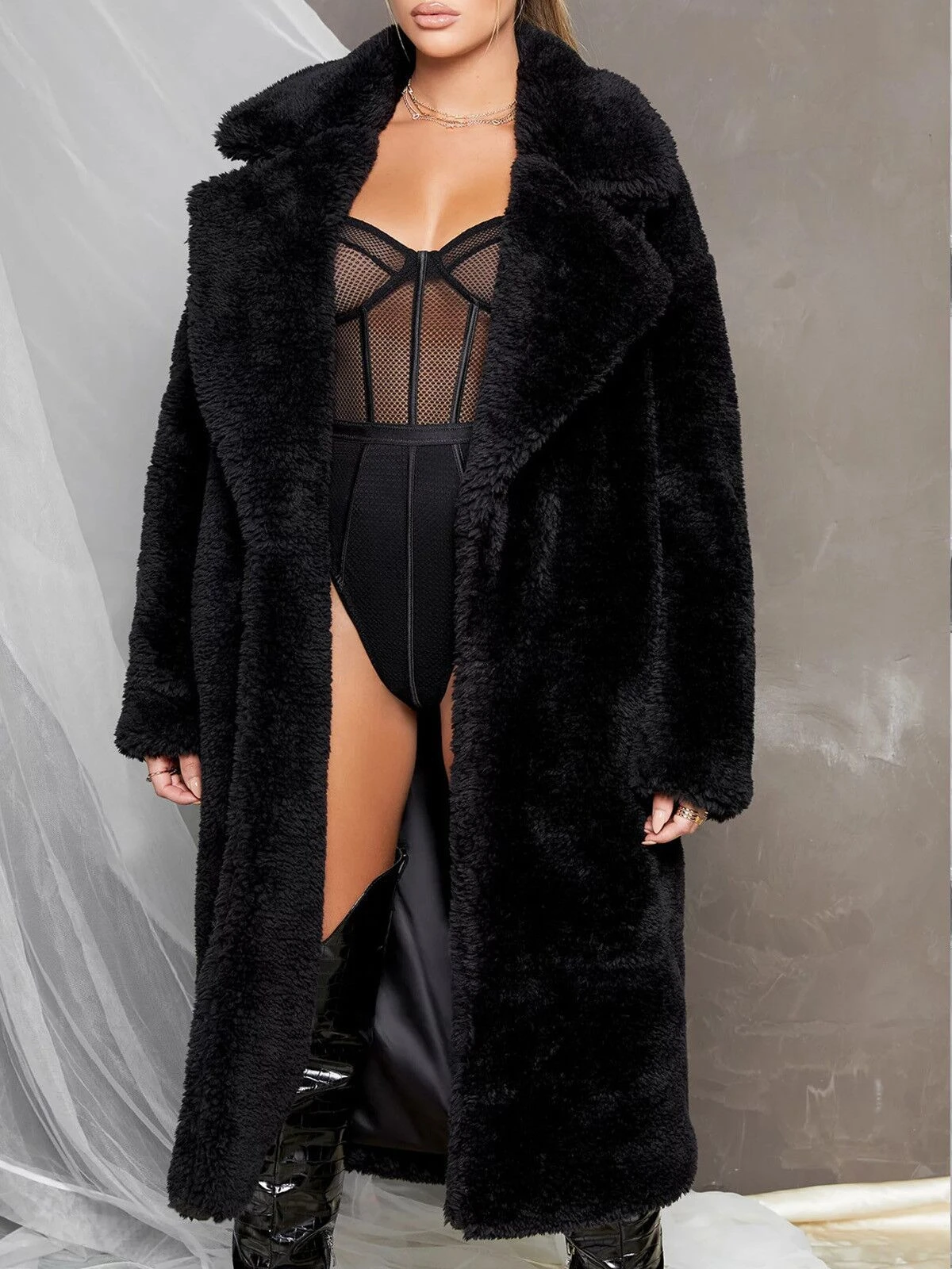Winter  Elegant Turn-down Collar Luxury Faux Lamb Fur Long Coats Women 2022 Fashion Long Sleeve Warm Thick Black Fur Teddy Coat