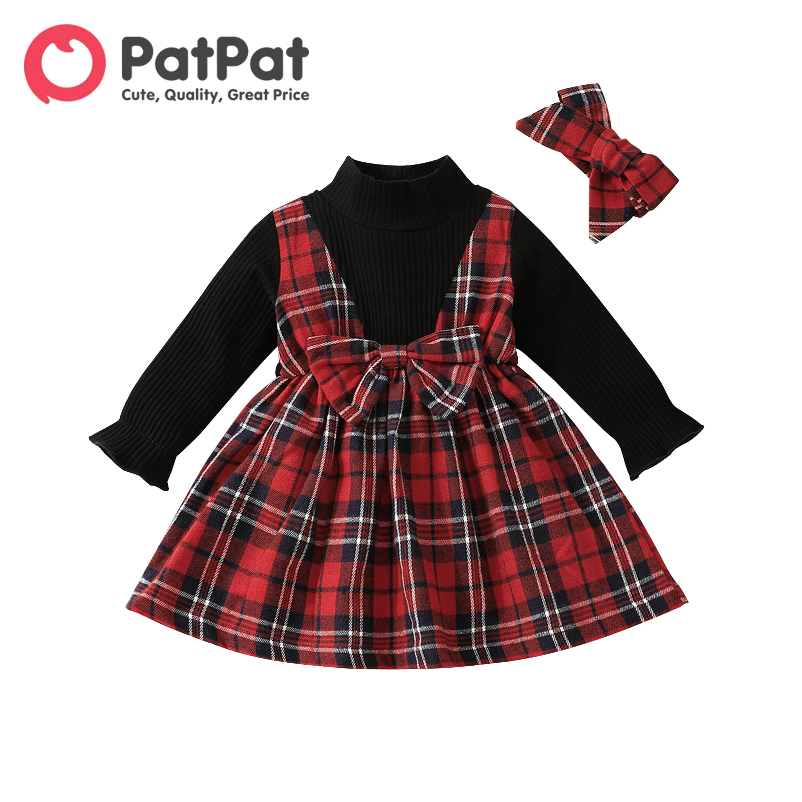 

PatPat Christmas 2pcs Baby Girl Rib Knit Mock Neck Long-sleeve Spliced Plaid Bow Front Dress with Headband Set