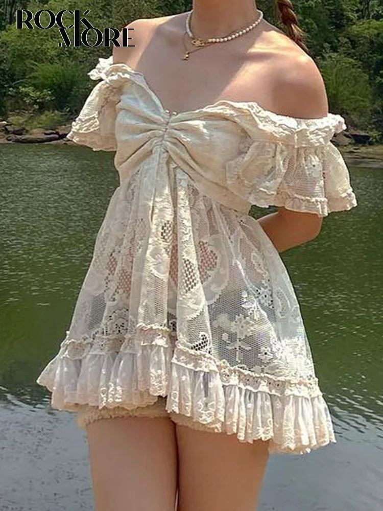 

Rockmore Sweet Lace Off Shoulder T-Shirt Vintage Fairy Grunge See-Through Sexy A-Line Tops Women Y2K Aesthetic Petal Sleeve Tee