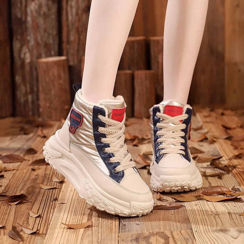 SHigh-Top Cotton Shoes Female Students Korean Version 2024 Winter New Big Joker Plus Velvet Sports Women'S Boots