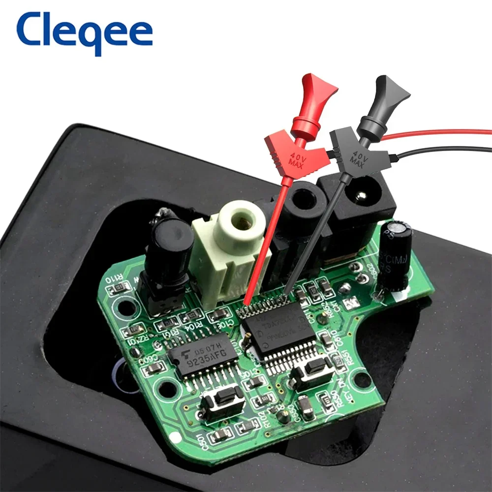 Фото Тестовые зажимы Cleqee P1511B (2 шт.) для SMD-микросхем, с внутренней пружиной, силиконовым кабелем 26AWG и разъемом 2 мм для мультиметра, 20В/5А №2