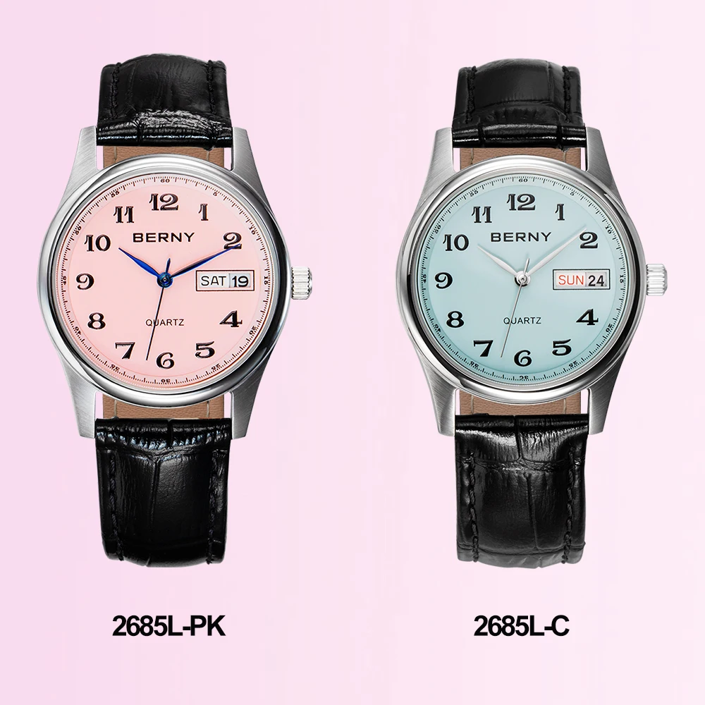 BERNY Miyota 2405 Quartz Watch for Women Day Date Calendar Classic Genuine Leather Lady Watches Waterproof Business Wristwatch