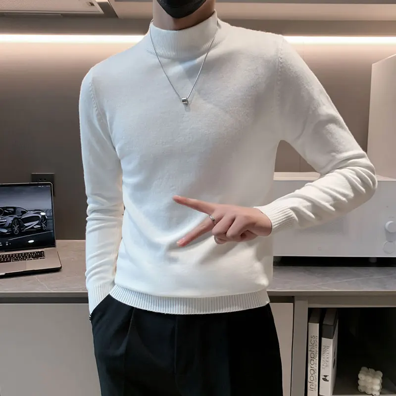 

Модный повседневный базовый свитер с высоким воротником для мужчин, Осень-зима, облегающие теплые пуловеры для мужчин, новинка, мужские вязаные пуловеры с длинным рукавом