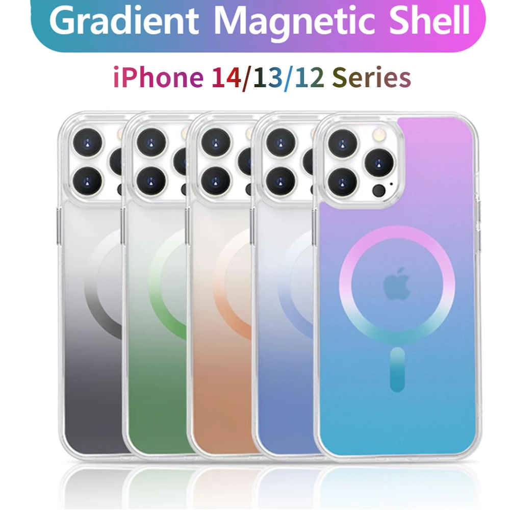 

Gradient Transparent Magnetic Case For iphone 14 13 12 Pro Max Macsafe Wireless Charging Metal Button Shockproof Back Cover