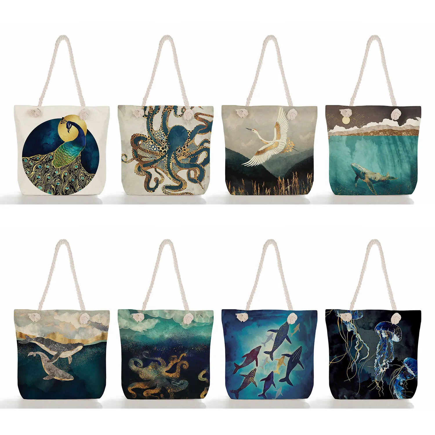 

Eco Reusable Shoulder Shopping Bags For Groceries Customizable Crane Beach Tote Bag Japanese Ukiyoe Causal Linen Women Handbags