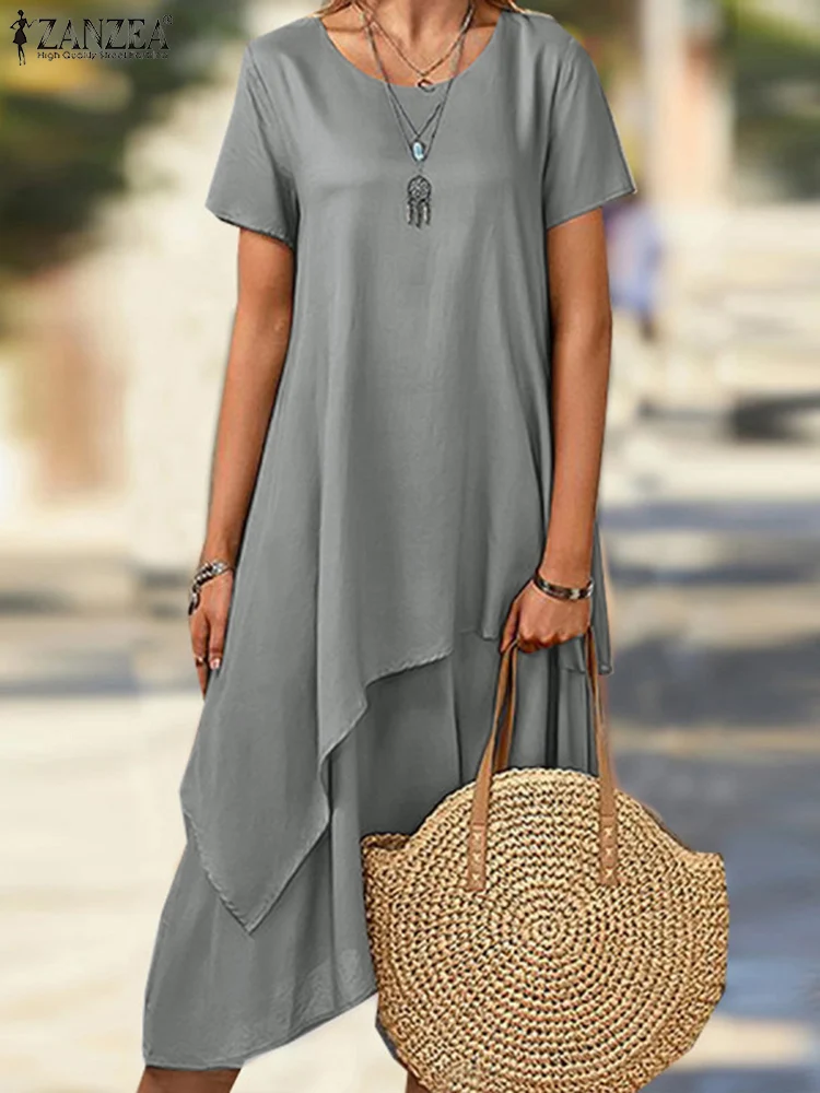 

Fashion Asymmetrical Dress Women Summer Sundress 2022 ZANZEA Casual Short Sleeve Midi Vestidos Female Layers Robe Femme Oversize