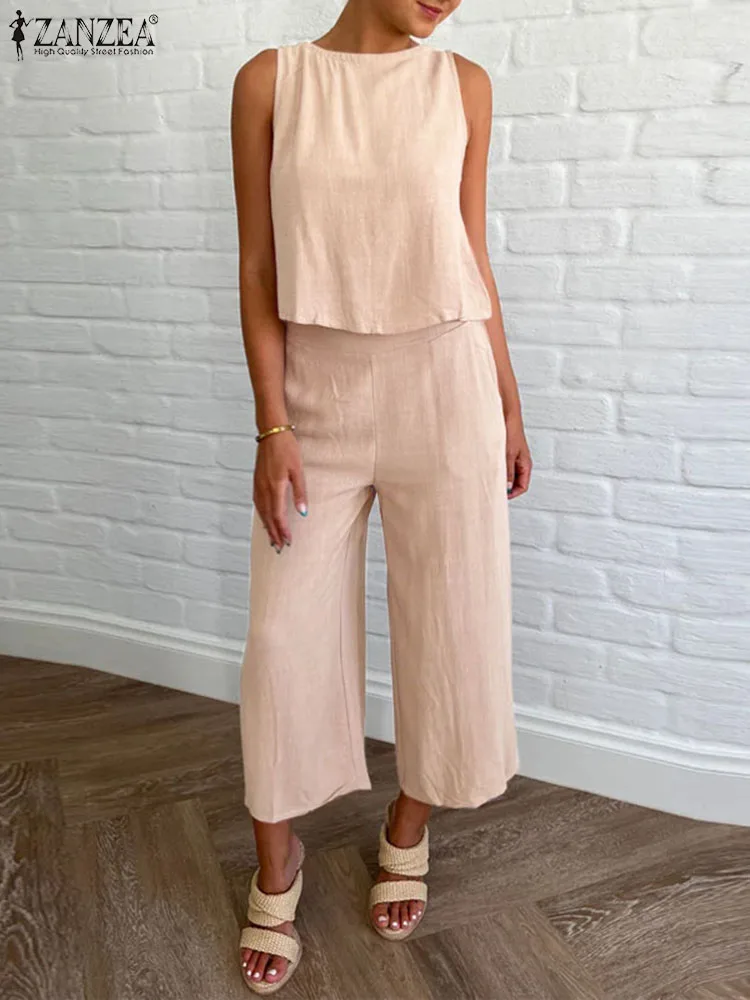 

Women Casual Loose Pant Sets ZANZEA Summer 2023 Round Neck Tank Tops 2pcs Outfits Wide Leg Trousers Tracksuits Fashion Sets