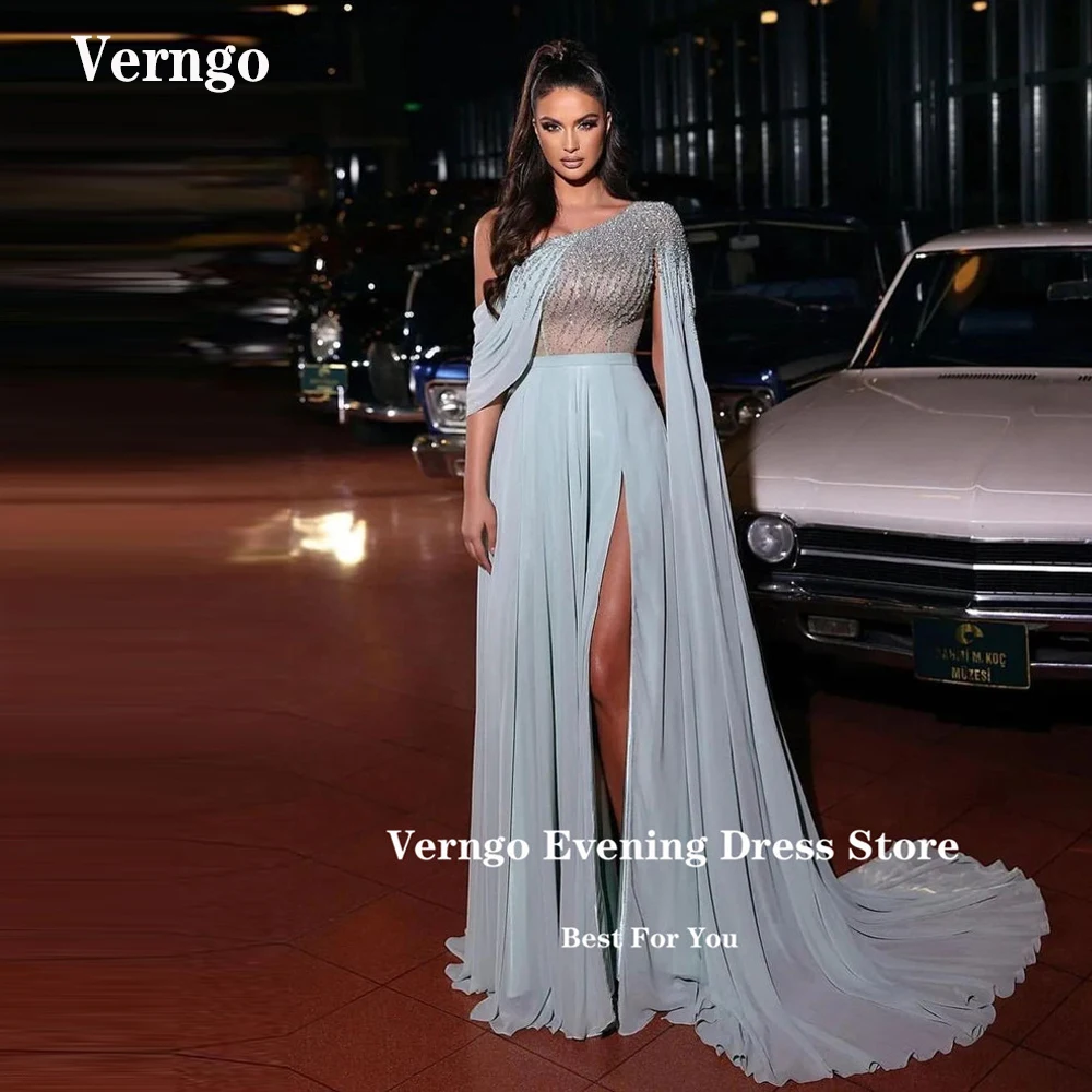 

Verngo Glitter Dusty Blue Chiffon Long Prom Dresses One Shoulder Long Cape Split Dubai Arabic Evening Gowns Formal Celebrity