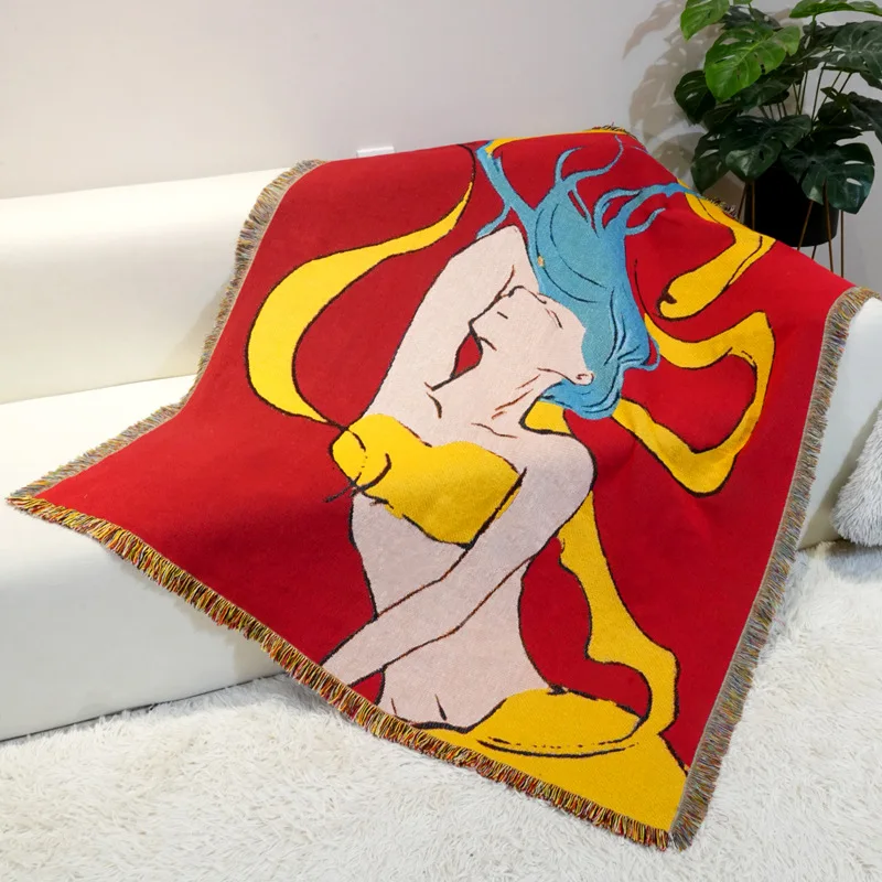 Японское одеяло для дивана вязаное с кисточками гобелен покрывало одеяла