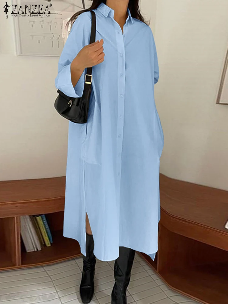 

Платье-рубашка женское оверсайз, повседневный мешковатый сарафан с разрезом на подоле, модный однотонный свободный с воротником с лацканам...