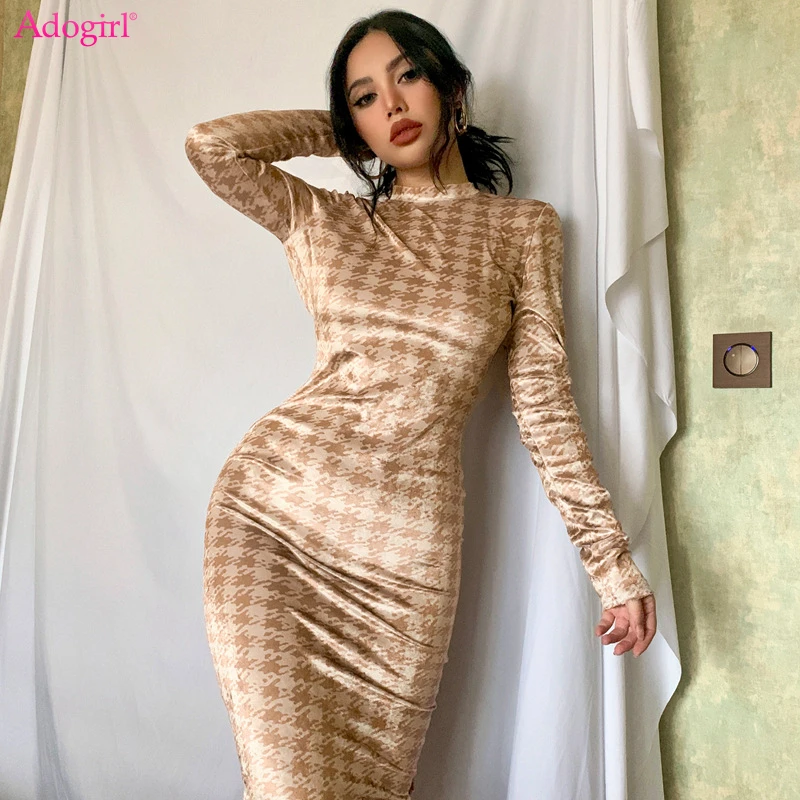 

Adogirl Houndstooth Velvet Dresses for Women 2022 Spring Sexy Backless Long Sleeve Bodycon Maxi Party Dress Fashion Clubwear