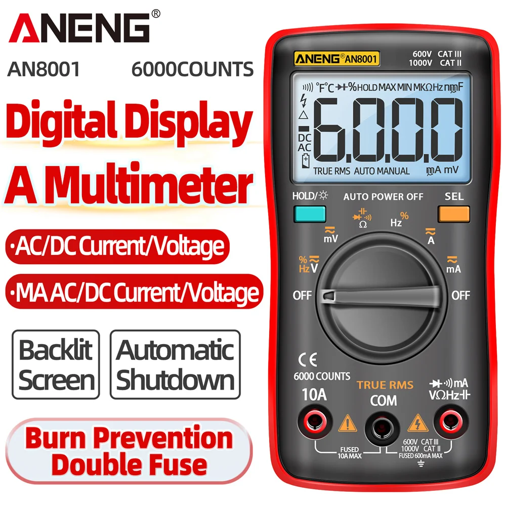 

ANENG AN8001 True-RMS Auto Range Digital Multimeter AC/DC Voltage Ammeter Current Meter Temperature Measurement