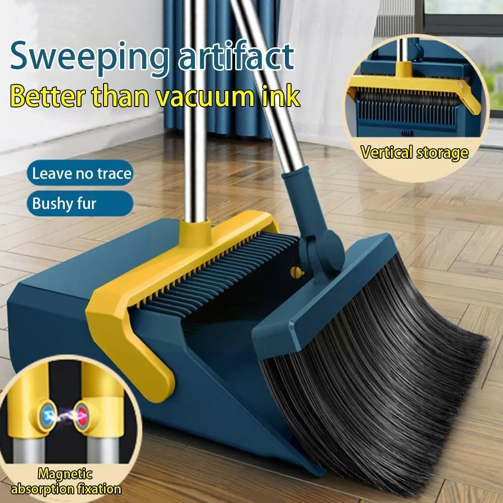 

Home Windproof Floor Broom & Dustpan Set Stainless Brush Cleaning Broomstick Tool Extendable Soft Comb Clean Floor Upright U2R4