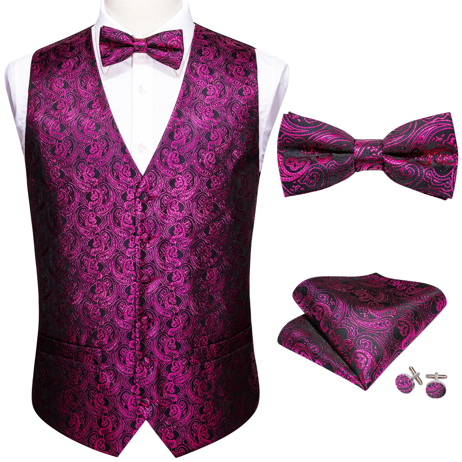 

New Rose Red Mens Wedding Suit Vest Paisley Jacquard Folral Silk Waistcoat Vests Handkerchief Bow Tie Vest Suit Set Barry.Wang
