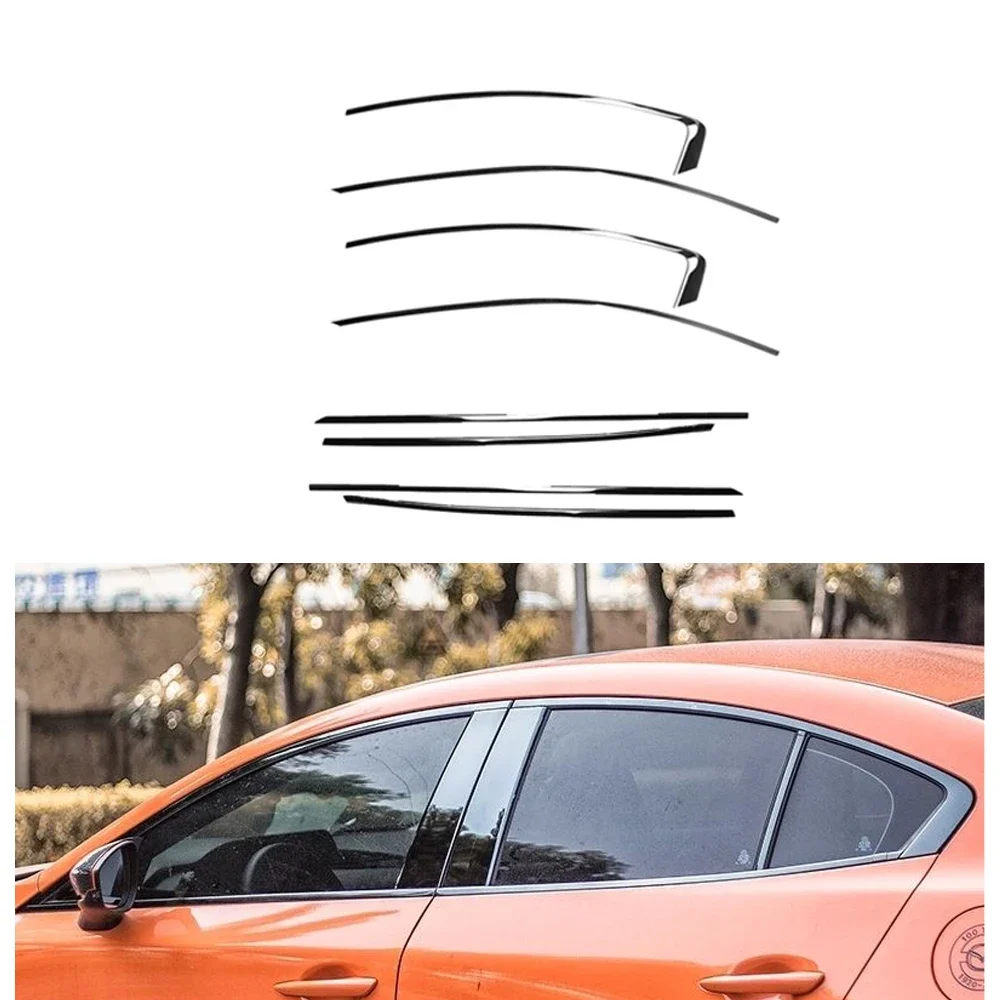 

Полоски на полную оконную раму для Mazda 3 Mazda3 Axela BP Sedan 2019 ~ 2025, 2020 2021 2022 2023 2024 черные стикеры из нержавеющей стали, аксессуары для стайлинга