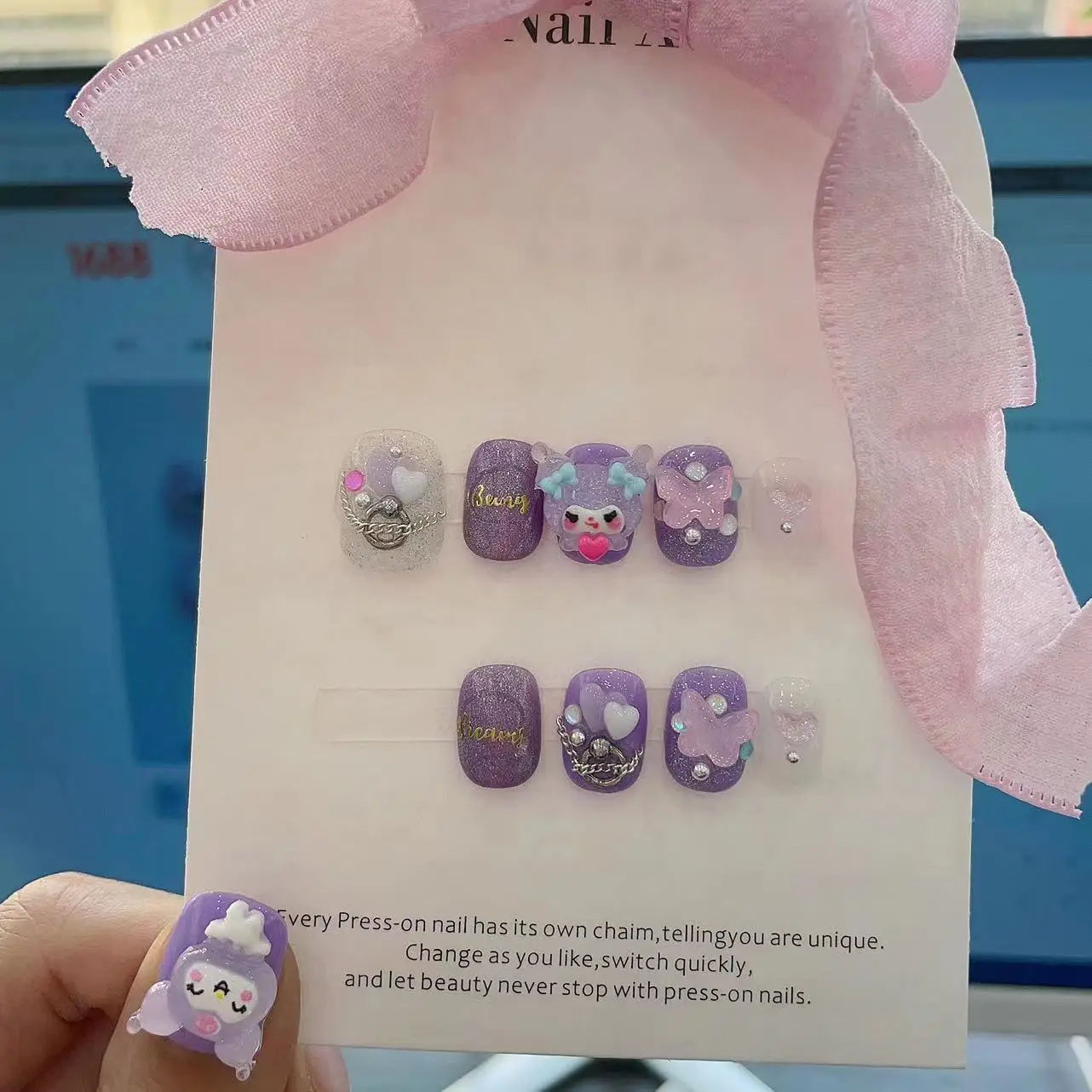 10 шт. Sanrios Kuromi Мультяшные накладные ногти Короткие съемные кавайные аниме куклы