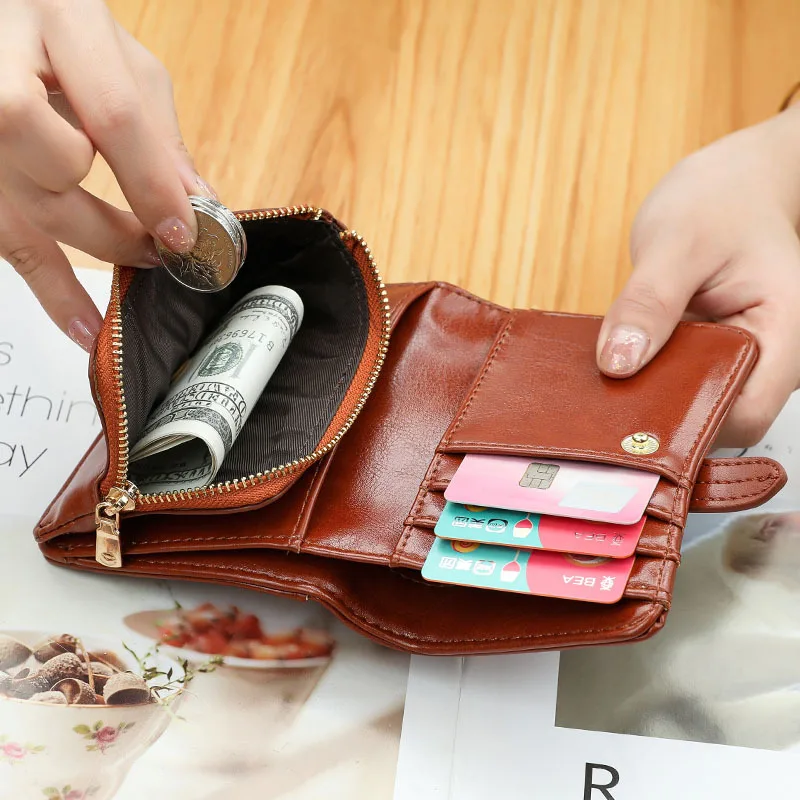 2023 Wallet Women's New Vintage Oil Wax Folding Simple PU Slim Small Money Clip Card Bag