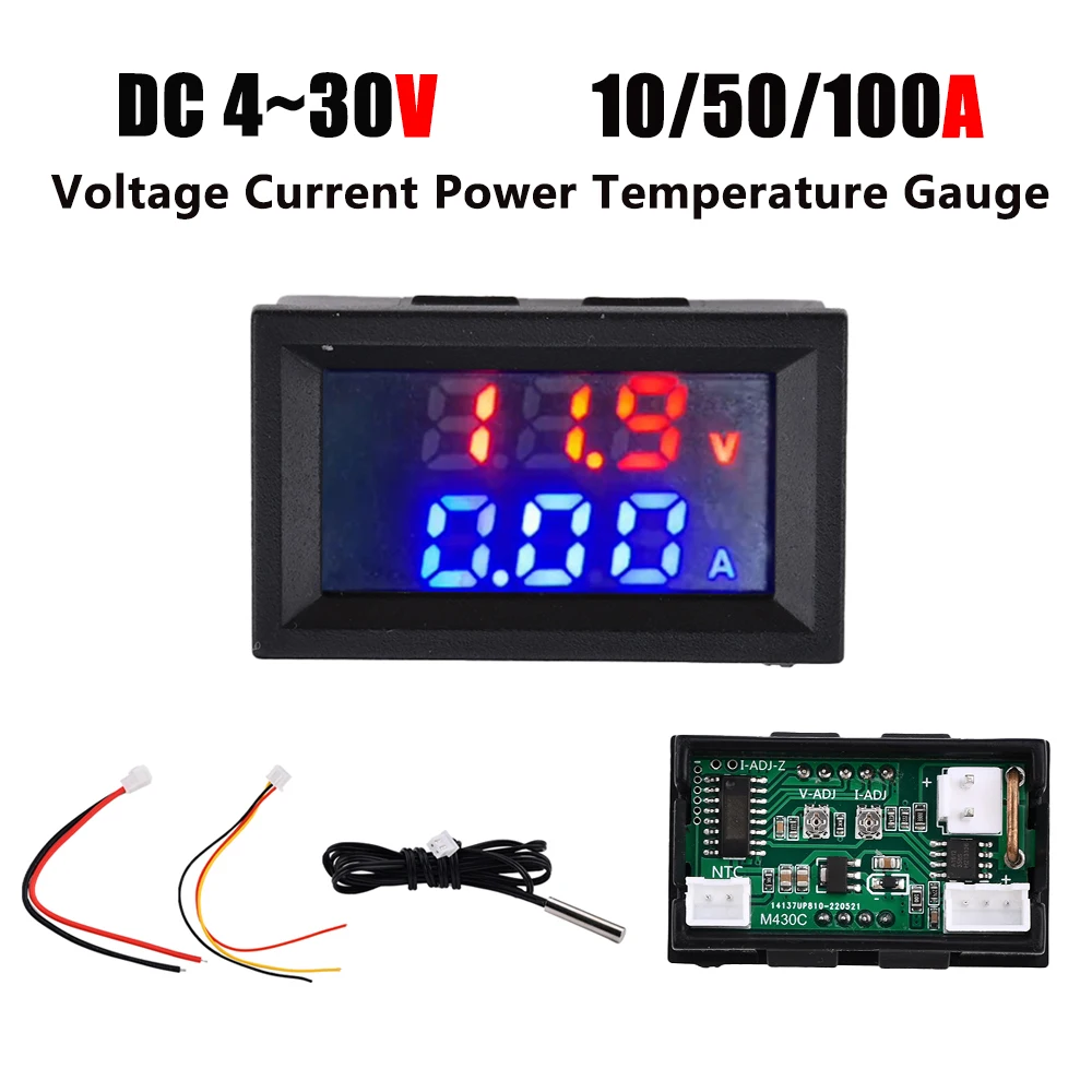 

DC4-30V 10A 50A 100A Digital Voltmeter Ammeter Wattmeter Temperature Meter Amp Volt Detector Temp Power Gauge With NTC Sensor