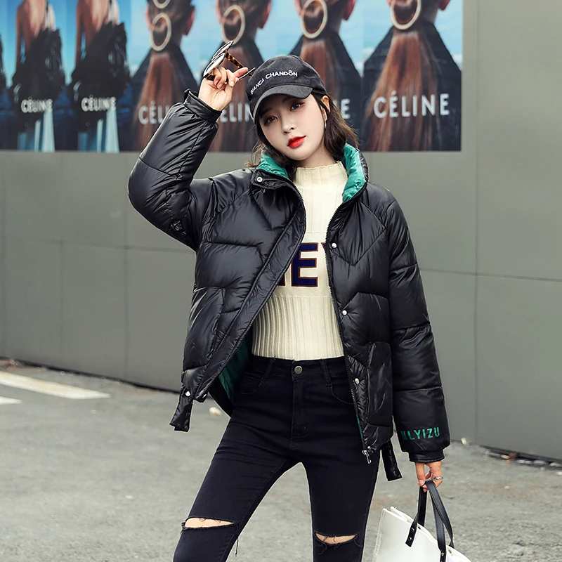

Short Winter Women's Down Jacket Letter Print Solid Parkas Female Stand Collar Cotton Padded Thick Casual Coats Outwear 2021