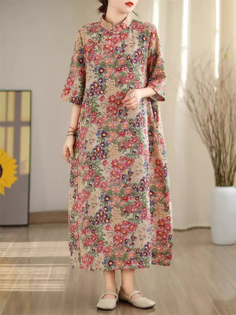 Женское платье с воротником-стойкой Длинное свободное в стиле ретро принтом на