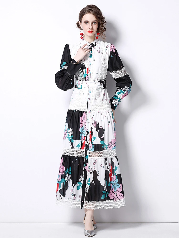 

Women Hollow Out Lace Stitching Dress Spring Runway Long Lantern Sleeve Floral Print Elegant Sashes Holiday Robe Vestidos N3977